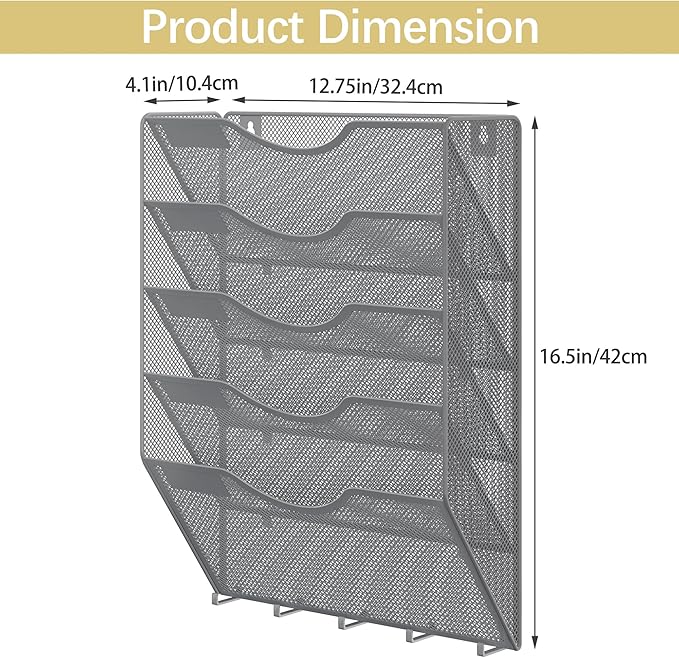 EasyPAG Hanging Wall File Organizer with Key Hooks, 5 Pocket Wall Mounted Mail Organizer, Vertical Folder Holder with Nametag Label, Paper Storage Magazine Rack for Office Home School, Silver