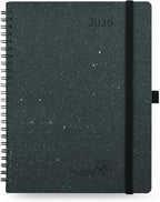 POPRUN 2026 Planner - 2026 Recycled Weekly Planner [Italian Regenrated Leather - Medium Size 6.5'' x 8.5''] - 2026 Weekly Planner with Hourly Schedule, Monthly Tabs-26-WERO7-BGY - Black Grey
