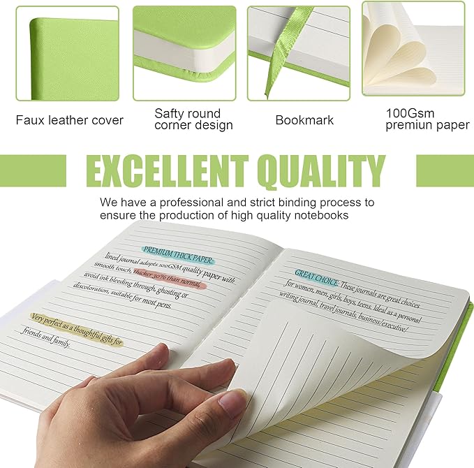EMOMAS Lined Journal Notebook, 10Pack Hardcover Notebook for Men & Women – Journals for Writing, Work, School, Home & Daily Notes, 160 Pages – Medium A5, 5.7"x8", 100 gsm Thick Paper (Grass Green)