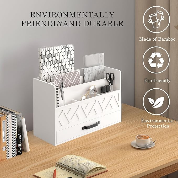 WISUCART Bamboo Mail Organizer Countertop Wood Desk Organizer Drawer Tabletop Storage Box Letter Sorter Makeup Organizer for School Home Office Supplies White