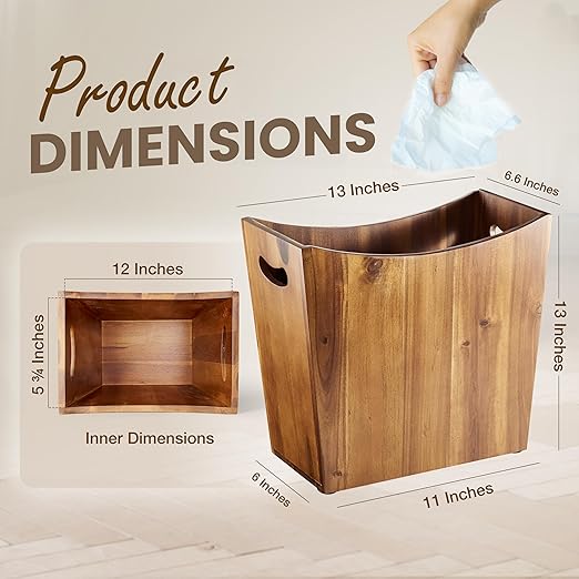 Tidita 3 Gallons Rectangular Wastebaskets - Acacia Wood Waste Basket with Handles - Small Trash Can for Bathroom - Brown Garbage Bin for Spa Decorative, Kitchen Under Counter, Living Room, Office