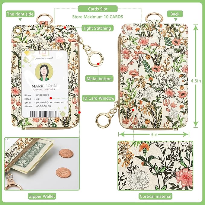 Bolimoss Aesthetic Lanyard with ID Holder for Women & Nurses - Floral ID Badge Holder with Neck Lanyard & 4 Card Slots, Side Zipper Pocket