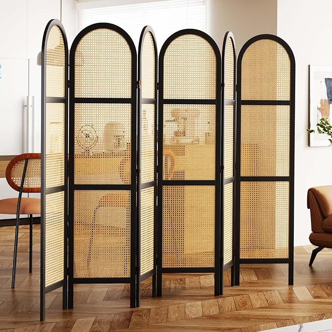 Svimi Room Dividers and Folding Privacy Screens, 5.6 Ft Double Hinged Rattan Partition Freestanding Wall Room Divider for Home - 6 Panels (Black)