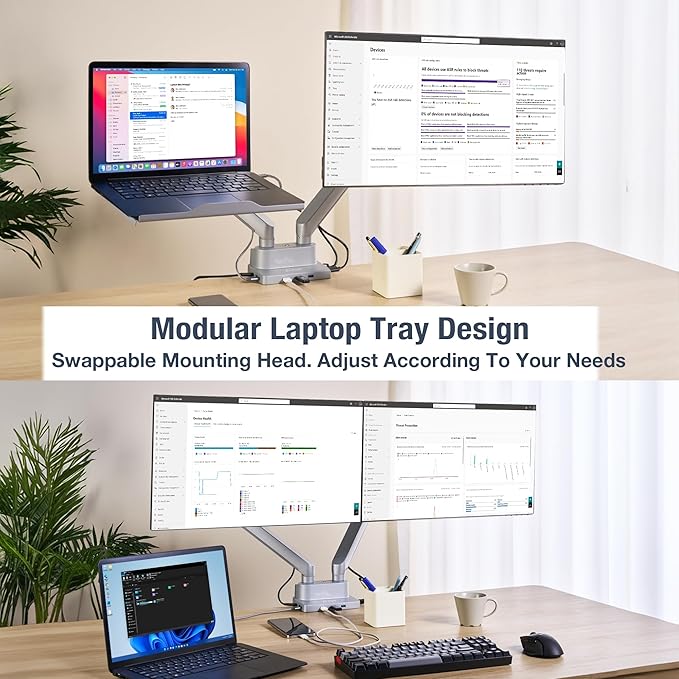 AVLT Dual 17”-38" Monitor Arm Desk Mount with 17" Laptop Tray and USB-C Docking Station, HDMI 4K60Hz, USB-A 5Gbps, Ethernet, 100W PD, Fits Two Flat/Curved Monitor - Gray
