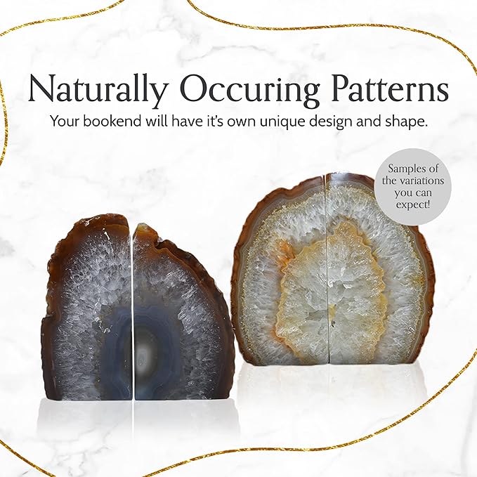 Nature's Decorations Natural Agate Bookends – A+ Grade Geode Heavy Duty Decorative Stone Crystal Book Ends for Shelves & Bookcases, Polished Bookshelf Decor, 1 Pair 6-8Lbs