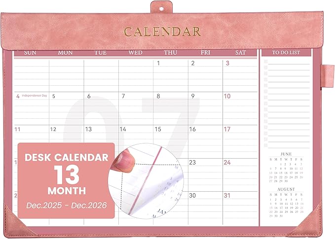 Yoment Desk Calendar 2026 Leather Desk Calendar with To-Do Lists, 13 Months Desk Pad Wall Calendar with Pen Holders PVC Cover for Work Office School Home Women Men, Dec 2025-Dec 2026, 17 x 12, Pink