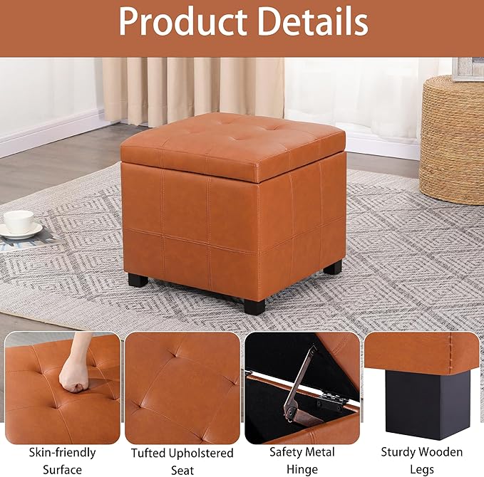 Homebeez Faux Leather Lift Top Storage Ottoman Bench with Solid Wood Frame & Tufted PU - 17.3 Inch Cube Footrest, Seat, with Metal Hinges for Living Room, Bedroom, Dorm | Orange Brown