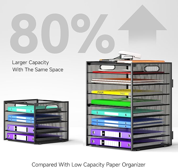 Cawukege 9 Tier Paper Organizer with Handle, Large Capacity Desk Organizer Mesh File Folder Letter Paper Tray Desktop Document Sorter for Classroom, School, and Office Accessories Organization- Black