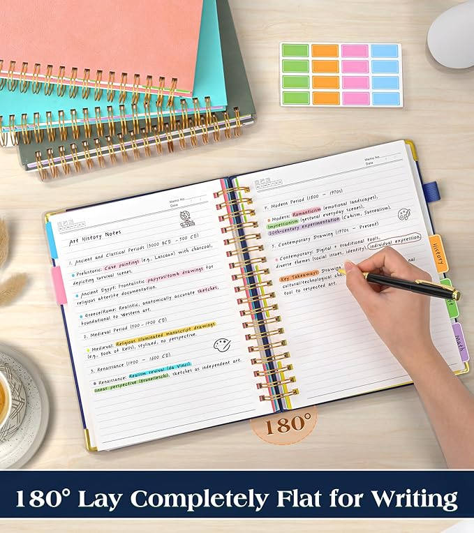 Spiral Notebook Journal with Removable Dividers Tabs, 300 Pages Hardcover Leather 5 Subject College Ruled Notebook, 8"x10" Large B5 Lined Journal for Women Men, Spiral Notebooks for Work School, Navy