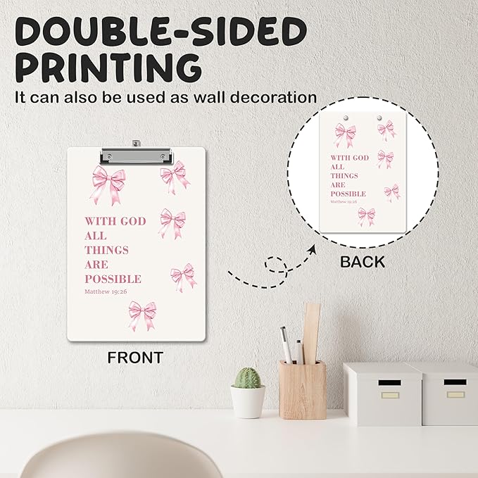 APIILVPQ Bible Verse Clipboard, Pink Bow Clipboards with Low Profile Clip for Office School Use, Christian Wooden Clip Boards for Nurses Teachers Students - B03