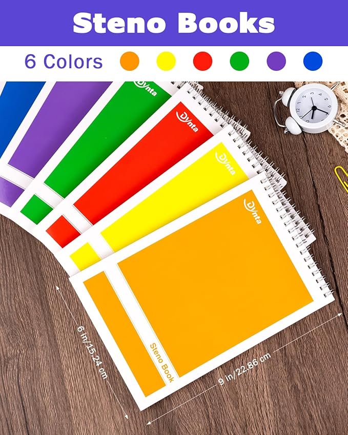 Dynta Steno Pads Spiral 6x9 12 Pack Gregg Rule Notebooks 6 Assorted Covers 60 Sheets White Paper, Writing Note Pads for Note-taking in School Office Home College University Work Travel