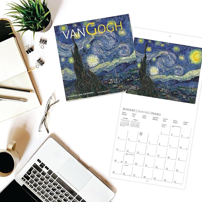 Graphique 2026 van Gogh Wall Calendar | 12” x 12” | Thick Paper | Home & Office Organizer | Large Monthly Grid | 3 Languages & Marked Holidays | 4 Month Preview Page for 2027