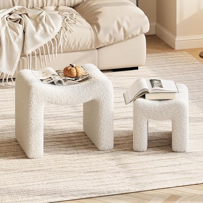 ZYKZYK Ottoman Set of 2, Plush Velvet Vanity Seats with Modern Foot Rest, Backless Stool Pair for Bedroom, Living Room & Makeup Dressing Table(2-in-1) White