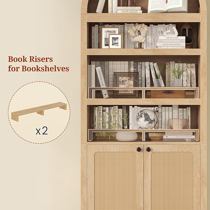 81" Tall Arched Cabinets,Bookcase with storage,Mid-Century Modern 6-Tier Bookshelf with Door,2 Book Risers and Adjustable Shelves offering more storage space for Living Room,Kitchen,Home Office,Oak