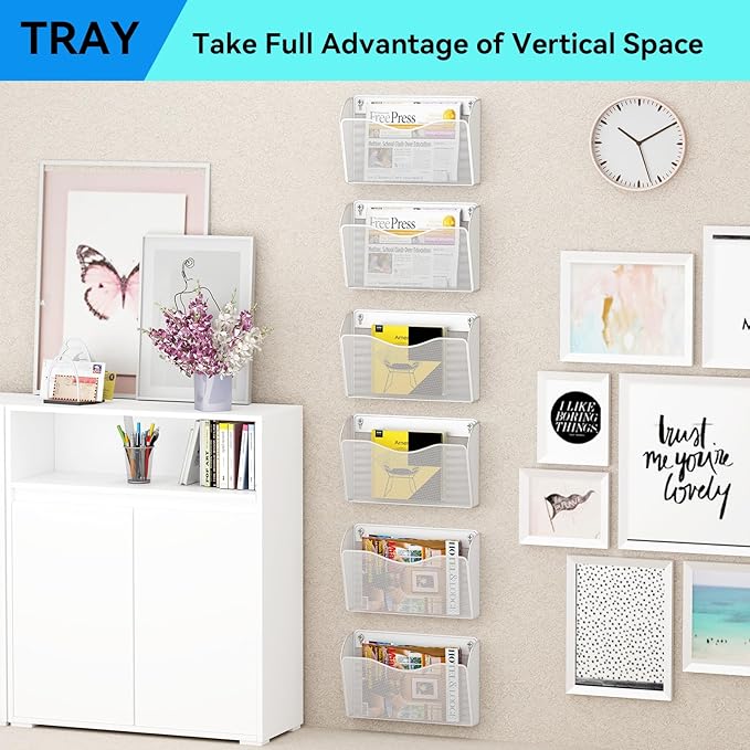 GDINDINFAN 6 Single Pocket Wall File Holder, Mesh Hanging File Folder Paper Organizer, Vertical Wall Mounted Mail Basket, Storage Organization Magazine Rack for Office, Home and School, White