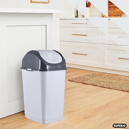Superio Kitchen Trash Can with Swing Top Lid 9 Gallon Slim Waste Bin 37 Qt Sturdy Plastic Garbage Can Medium Recycling Bin for Office, Bathroom, Under Counter, Dorm, Bedroom (Smoke White/Grey, 2)