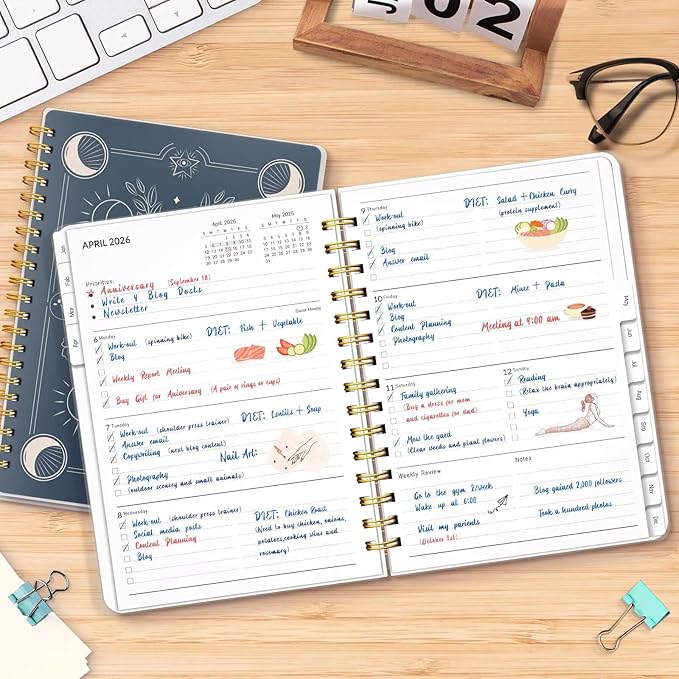 2026 Planner, Weekly and Monthly Planners with Tabs, A5 Spiral Bound Daily Calendar 2026 Planner, 12 Month Agenda Organizers from Jan. to Dec., Flexible Cover Appointment Book(Smill Sun)