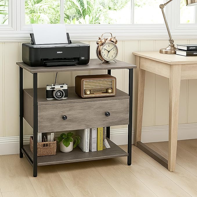 Edbuosy 27 Inch Wide Night Stand with Charging Station, Wood Nightstand with Open Shelf, Large Drawer Bedside Table for Living Room/Bedroom/Office (Rustic Gray)