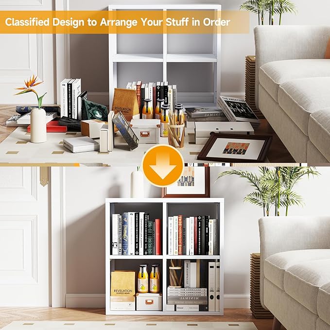 IRONMIX Metal Short Bookshelf, White Small Bookshelf with Storage, Modern 4 Cube Storage Organizer with Shelves, Open Cube Shelf, Small TV Stand for Home Office Library (White, 700-2 Set)