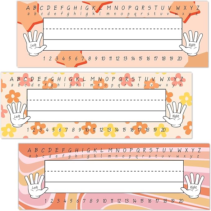 Name Tags for Students, Retro Name Plates, Groovy Name Labels for School Desks, Back to School Classroom Decor, 30 Pack (03)
