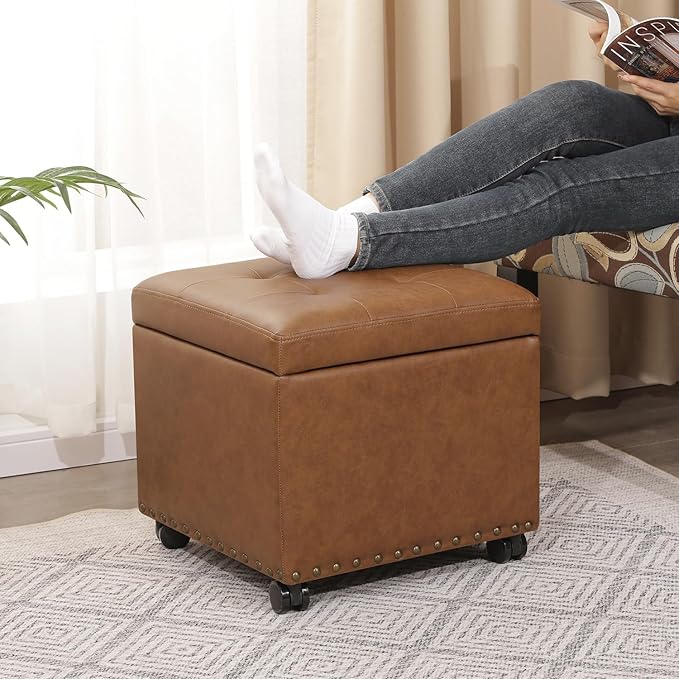 Adeco 16.7" H Vintage Golden Brown Leather Storage Ottoman with 360 Caster Wheels, Square Foot Stool with Decorative Bronze Thumb Tacks & 330 LB Load Capacity