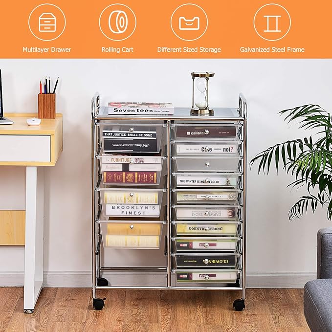 HAPPYGRILL 15-Drawer Rolling Cart, Storage Carts with Removable Drawers & Steel Frame, Utility Cart on Lockable Wheels for Home, School, Office,Clear