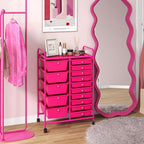 GLACER 15 Drawers Rolling Cart, Storage Cart with w/Removable Drawers & Steel Frame, Multipurpose Organizer Cart w/Sleek Handle, Utility Cart on Lockable Wheels for Home, School, Office (Hot Pink)