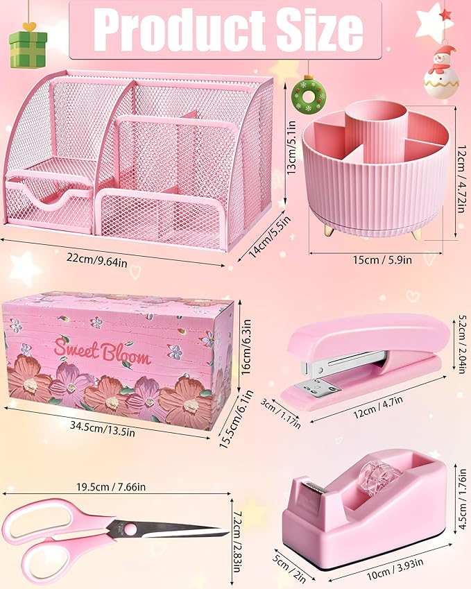 LXEVIHK 21Pcs Pink Desk Organizers and Accessories With Mesh Desk Organizer and 360°Rotating Pen Holder and a Lot of Office Pink Office Supplies Beautifully Presented in a Gift Box