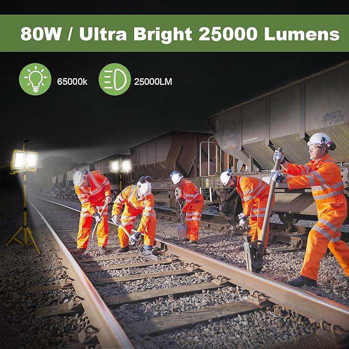 25000 Lumen Work Lights with Stand, Dual Head LED Work Light with USB & Socket, Waterproof Portable Lights with Individual Switch, Led Flood Light with 72 Inch Adjustable Metal Telescoping Tripod