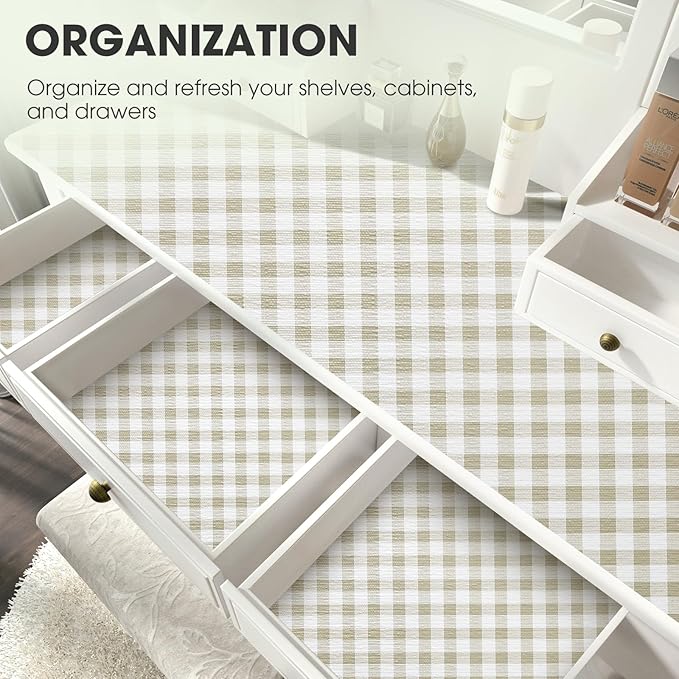 ALIUNI Drawer and Shelf Liner, Non-Slip Kitchen Cabinet Liners Non-Adhesive Thick Strong Grip Waterproof Washable Mats Protect Dresser Shelves Cupboard Bathroom Cabinets, Yellow Plaid, 18 in X 10 FT