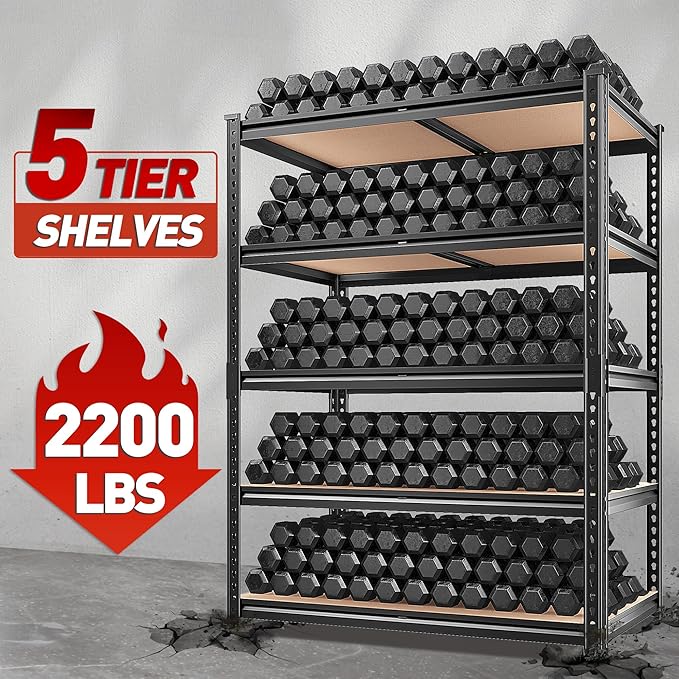 REIBII 2200LBS Storage Shelves 5 Tier Garage Shelving Heavy Duty, Adjustable Metal Shelving Unit, Garage Shelves for Basement, Warehouse, Pantry, Closet, Kitchen 72" H x 35.55" W x 16" D, Black