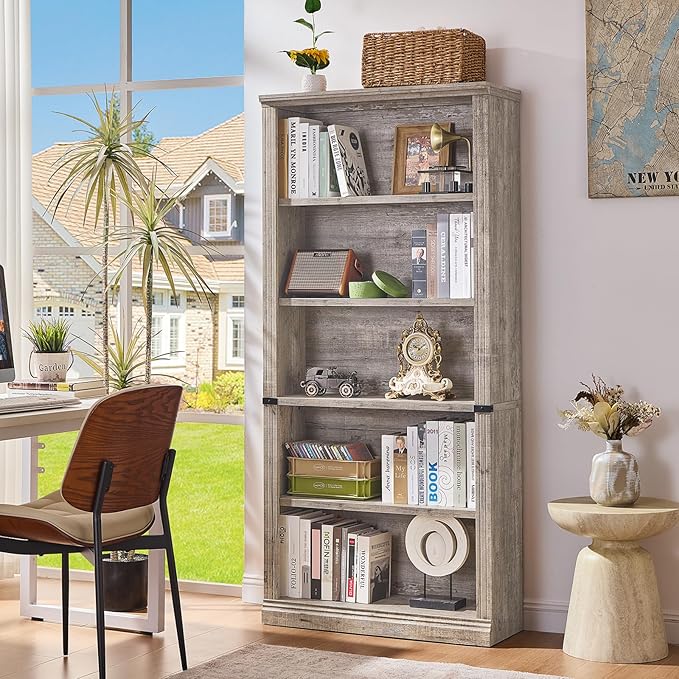 RWYHG 70" Grey Tall Bookshelf Set of 2,5-Tier Thick Wooden Book Shelf with Adjustable Shelves,Free Standing Farmhouse Bookcase with Open Display Storage,Floor Vintage Bookshelves for Living Room