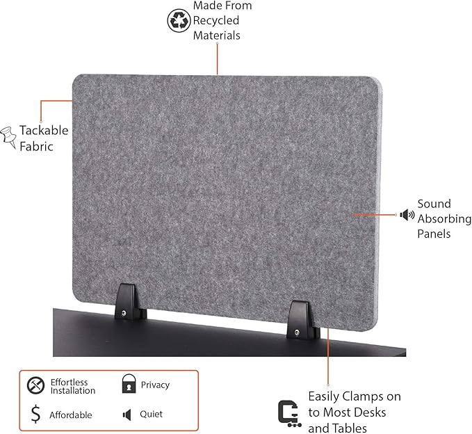 Stand Up Desk Store ReFocus Raw Clamp-On Acoustic Desk Divider Mounted Privacy Panel to Reduce Noise and Visual Distractions (Castle Gray, 23.6" x 16")