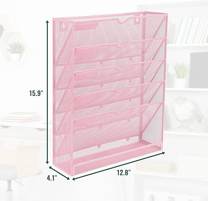EASEPRES 6 Tier Mesh Hanging Wall File Organizer, Desk Vertical Mail Paper Document Folder Holder Rack with Bottom Tray and Nametag Label for Office Home School, Pink