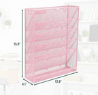 EASEPRES 6 Tier Mesh Hanging Wall File Organizer, Desk Vertical Mail Paper Document Folder Holder Rack with Bottom Tray and Nametag Label for Office Home School, Pink