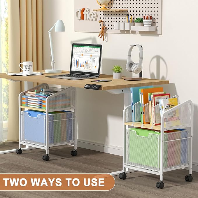 Tiaoheka Rolling File Cabinet with Adjustable Dividers, Mobile Filing Cabinet with Storage Drawer on Lockable Wheels, Hanging File Organizer Beside Under Desk for Office, Home, White（Patent Pending）