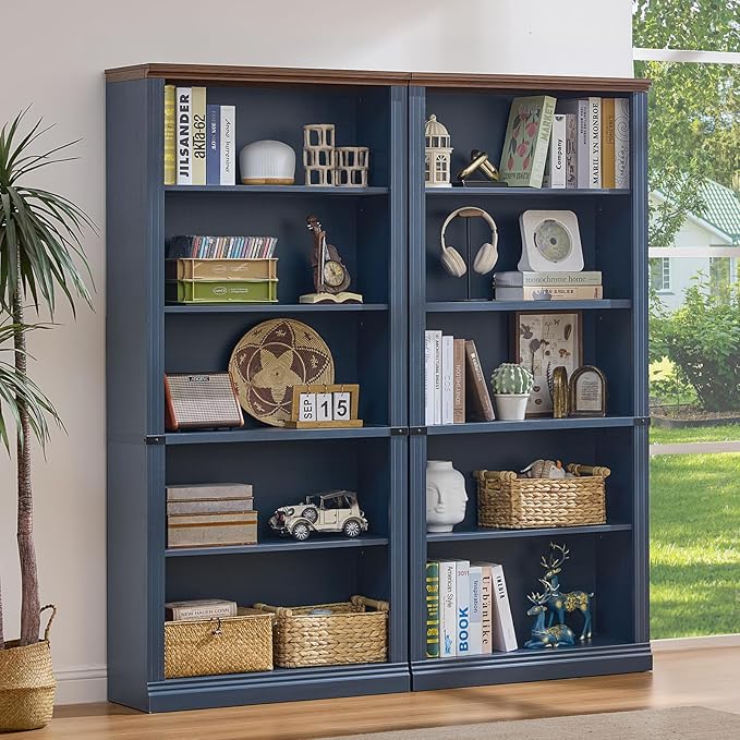 RWYHG 70" Blue Tall Bookshelf Set of 4,5-Tier Thick Wooden Book Shelf with Adjustable Shelves,Free Standing Farmhouse Bookcase with Open Display Storage,Floor Vintage Bookshelves for Living Room