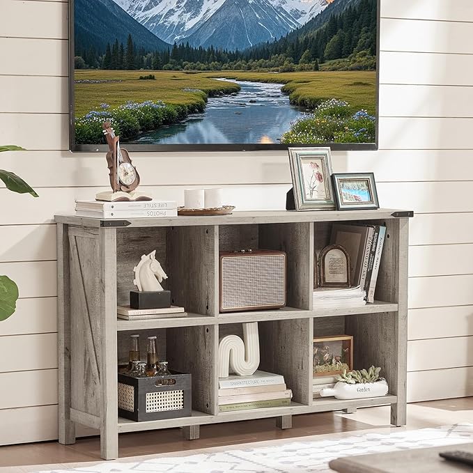 Joaxswe Farmhouse 6 Cube Bookshelf, Rustic Grey Oak Wooden Storage Organizer Book Shelf, 47 Inch Cubby Hallway Bookcase, Kids Toy Storage Cabinet, Modern Open Book Case for Living Room, Hallway