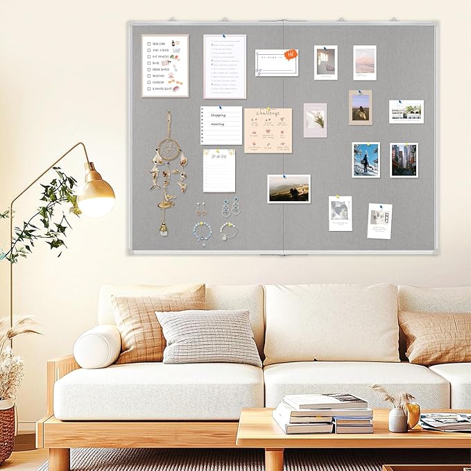 AMUSIGHT Double-Sided Large Cork Board with Linen, 60" x 40" Foldable Hanging Aluminum Framed Bulletin Board, Vision Board Pin Board Corkboards for Walls, Office, School Decor, 20 Pushpins