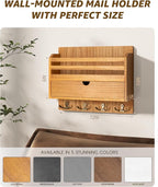 Rebee Vision Modern Farmhouse Mail Organizer with Drawer Organizer - Rustic Key and Mail Holder for Wall with 7 Key Hooks for Apartment Essentials - Aesthetic Home Decor (Light Brown)