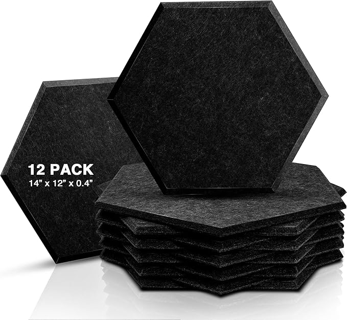 Sonic Acoustics 12 Pack Hexagon Acoustic Panels, 14" X 12" X 0.4" High Density Sound Absorbing Panels Sound Proof Insulation Beveled Edge Studio Treatment Tiles-Black