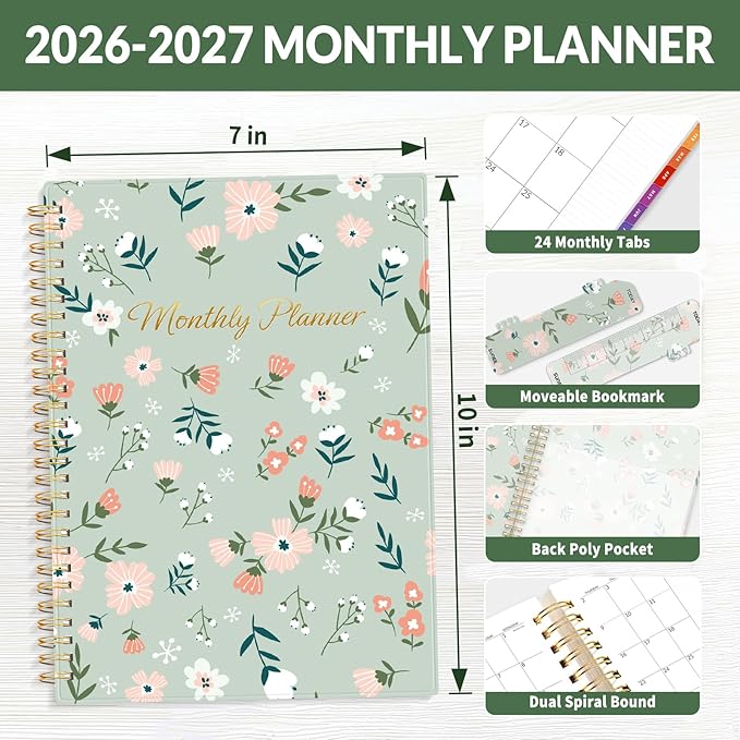 SUNEE 2026-2027 Planner - 24 Months (Jan 2026 - Dec 2027) - 7"x10" Monthly Spreads & Yearly Planner, Green Wildflowers