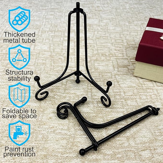 HENABLE 6PCS Premium Black Iron Plate Stands for Display 4 Inch, Decorative Solid Metal Plate Holders for Displaying, Mini Easel, Frame, Book, Card, Plaque, Bowl, Picture Stands for Display