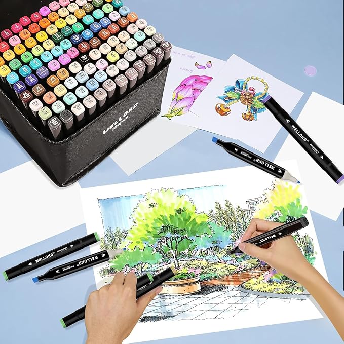 WELLOKB Alcohol Markers, 168 Colors Dual Tip Permanent Art Markers for Drawing,for Adult Coloring, Alcohol, Based Ink Ideal for Book Painting and Card Making