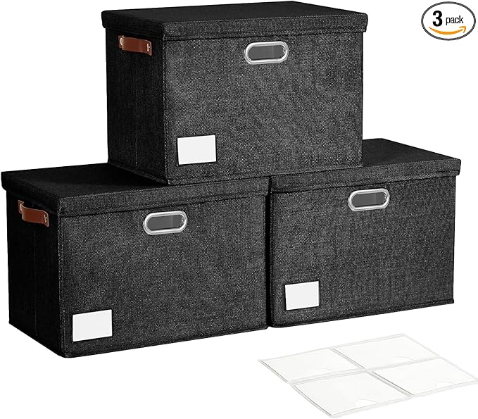 Roobyl 17" Large Collapsible Storage Bins with Lids, Stackable Closet Organizers with PU Handle and Labels, 3-Pack Decorative Fabric Storage Boxes for Home, Bedroom, Closet, Office, Nursery(Black)
