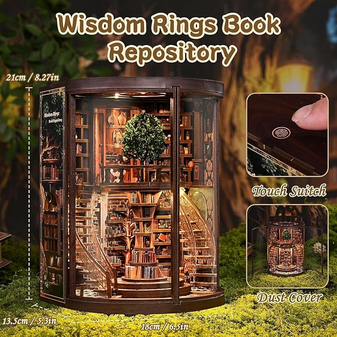 Book Nook Kit, Miniature House Kit, Miniature Kit, DIY Crafts for Adults, Book Repository,Wooden Miniature Library Bookend with LED Light, 3D Decorative Shelf Insert, Gift for Book Lovers (1PCS)
