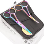 MAKER AND MARKET Small Embroidery 4.5 Inch Scissors Set of 2 Kit - Mini Double Bend Offset Duckbill and Double Bend Long Applique Needlepoint Blade with Pouch Sleeve (Rainbow)