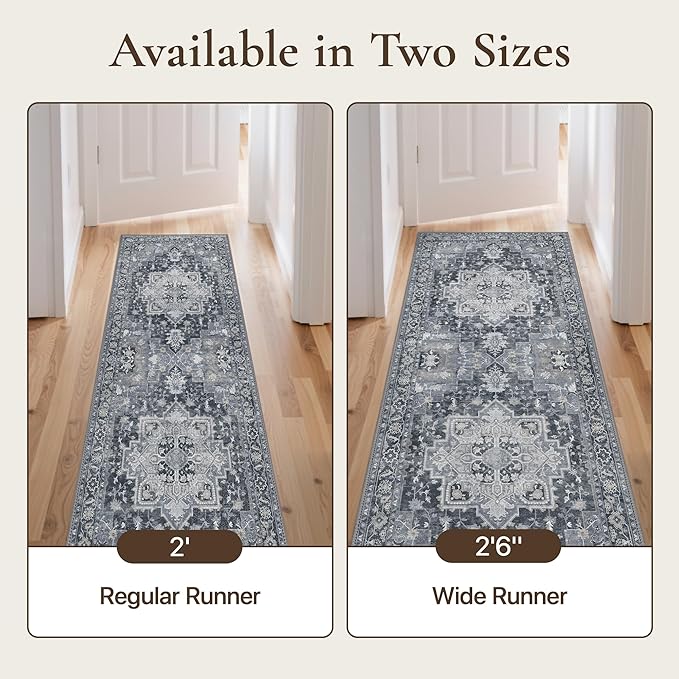 GENIMO 2'6''x10 Runner Rugs for Hallway, Machine Washable Non Slip Vintage Rugs, Low Pile Lightweight Soft Print Rug for enrtyway, Corridor, Home Office, Kitchen,Dark Gray