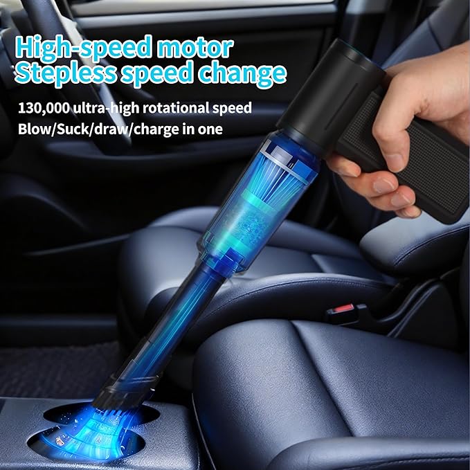 Electric Air Duster & Vacuum Cleaner, 130000 High-RPM Brushless Motor, Compressed Air Blower, Cordless with Inflating, Battery Powered, 15-Piece PC Cleaning Kit for Leaves, Cars, Computers, Office