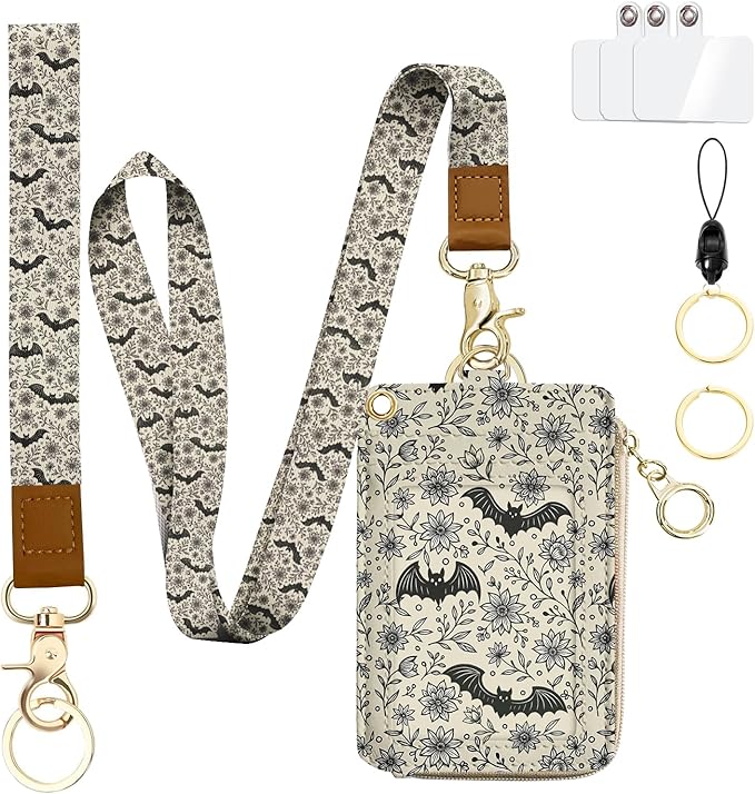 bolimoss Bat Lanyard Wallet Badge Holder PU Leather RFID Keychain Wallet with Breakaway Neck Wristlet Lanyard Zipper Pocket, Slim Credit Card Holder with Key Ring Phone Holder for Teacher Nurse Women